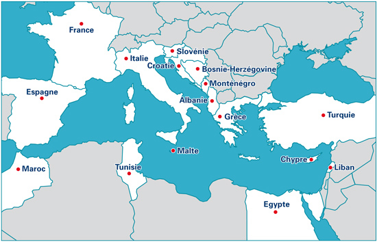 Carte des 16 pays riverains de la Méditerranée